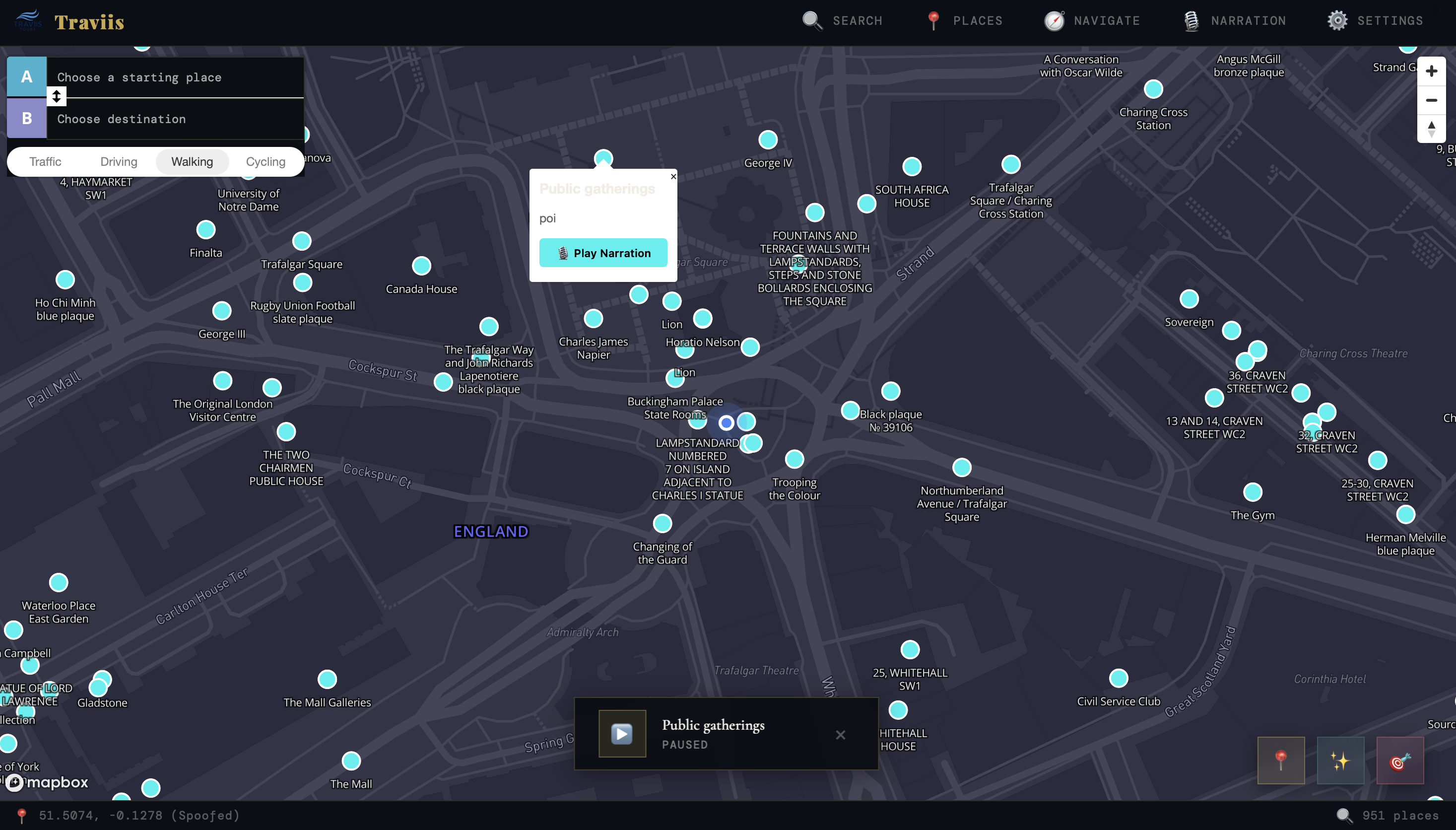 Traviis app showing London Trafalgar Square with live narration
