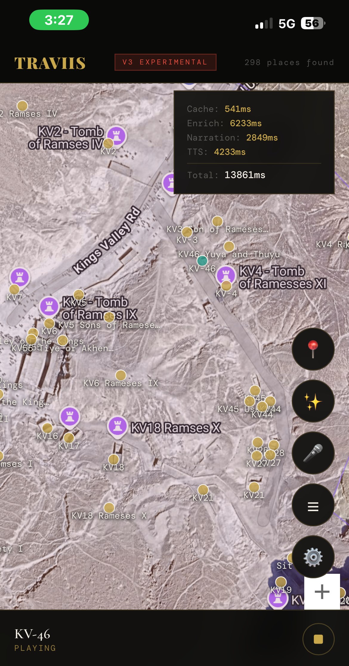 Traviis app — Valley of the Kings tour, KV-46 narration playing